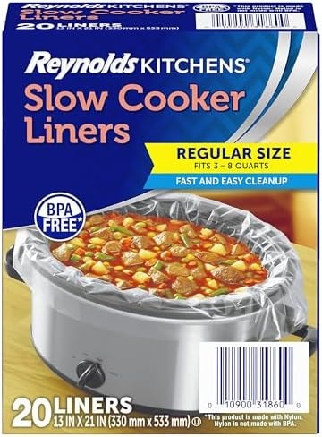 Reynolds Kitchens Bulk Slow Cooker Liners, 20 Count, Fits 3-8 Quart Round and Oval Slow Cookers, Regular Size, BPA-Free Nylon Blend Construction, Heat-Resistant Up to 400F, Prevents Stuck on Food