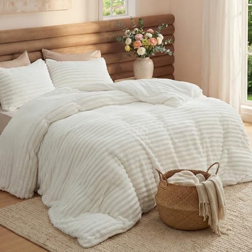 Bedsure Queen Fluffy Comforter Set - GentleSoft 3 Pieces Luxury Fleece Cream White Bedding, Cozy Room Decor Aesthetic, 1 Queen Bed Comforter (90"x90") and 2 Pillowcases (20"x26")