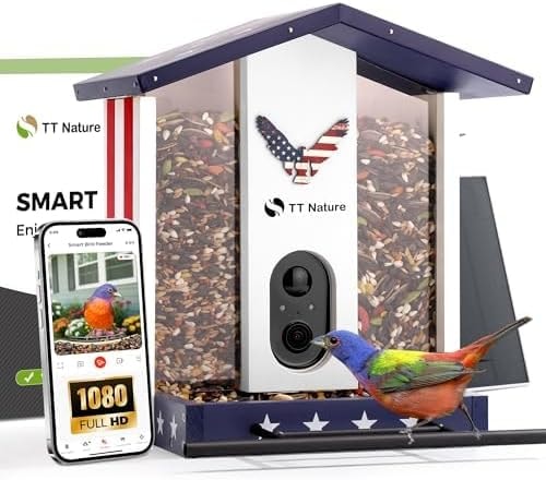 TT Nature Bird Feeder with Camera, Solar Powered Smart Birdhouse Cam with Auto Capture & Bird Identify, Instant Real-time Notifications, 1080P Cam, Gift for Outdoor Birdwatching, Flag Style