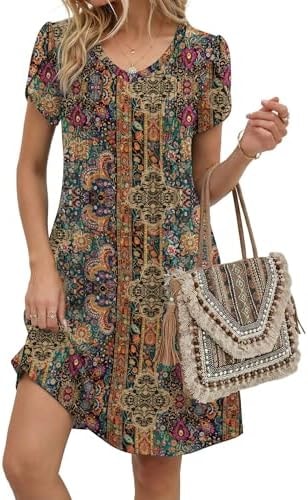 Zeagoo Sun Dresses for Women 2026 Vacation Beach Dress Womens Boho Hawaii Dress Flowy Sundress Casual Summer, Boho Brown Print