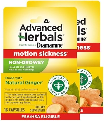 From the Makers of Dramamine, Advanced Herbals with Natural Ginger, for Nausea Relief, Morning Sickness Relief & Motion Sickness Relief During Travel, 18 Capsules, Pack of 2