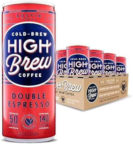 High Brew Coffee | Lightly Sweetened Cold Brew Iced Coffee with Pure Cane Sugar – 140 mg Natural Caffeine, Patiently Brewed, Never Heated. Low-Acid, Low Sugar, Ready-to-Drink | 8 oz Can (Double Espresso)