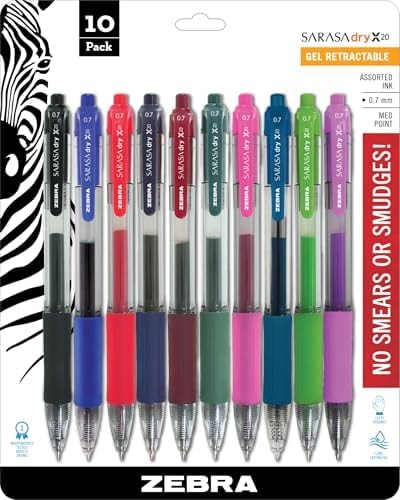 Zebra Pen Sarasa Dry X20 Retractable Gel Pens, 0.7mm Medium Point, Assorted Ink Colors with Rapid Fast Dry Ink Technology, Ideal for the Left-Handed, Eliminates Smearing in Seconds, 10-Pack (46881)