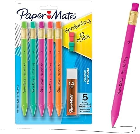 Paper Mate Handwriting Triangular Mechanical Pencils with Lead & Eraser Refills, 1.3mm, Fun Barrel Colors, 5 Count - School Supplies, Kids Writing