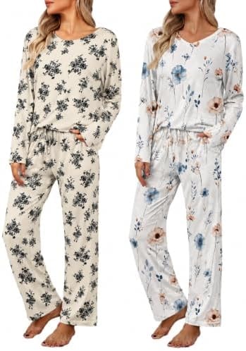 2 Pack: Women's Long Sleeve Pajama Sets - V Neck Top and Pants Lounge sets