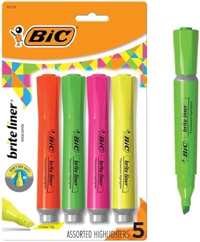 BIC Brite Liner Grip XL Highlighters, Chisel Tip, 4-Count Pack, Assorted