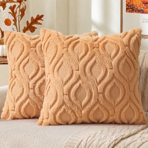 decorUhome Faux Fur Plush Light Orange Throw Pillow Covers 18x18 Set of 2