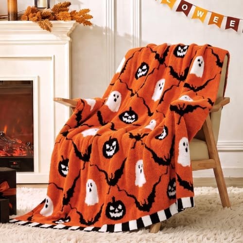 Snuggle Sac Halloween Throw Blanket, 50x60 Inches Orange Plaid Blanket
