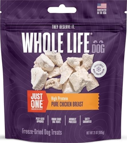 Whole Life Dog Just One Chicken Freeze Dried Dog Treats - Human Grade High Protein Food, Healthy Training Snacks, Freeze Dried Food Toppers, USA Made Natural Treats - 21 oz (Value Pack of 1)