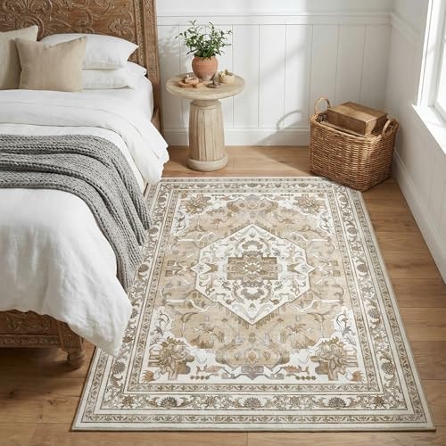 Cnythlis Washable Area Rug, Non Slip Kitchen Entryway Rug, Water-Resistant Vintage Medallion Carpet for Pet, 0.26" Low Pile, Beige & Ivory, 3’x 5’
