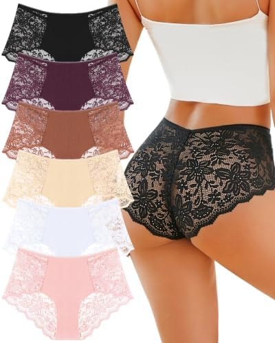 Sexy Underwear for Women Cotton High Waisted Brief Lady Lace Panties 6 Pack