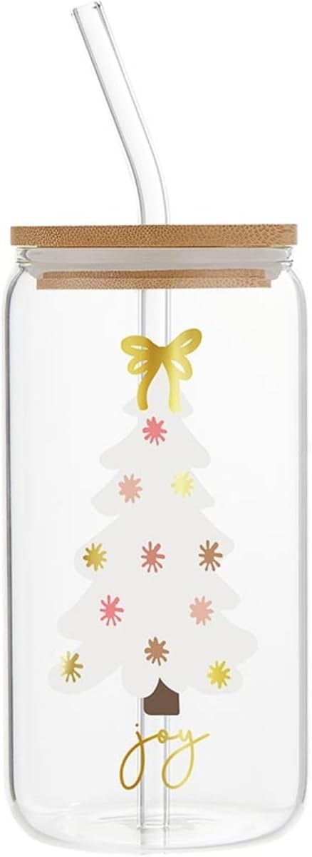 Santa Barbara Design Studio Blush Collection Holiday Cold Brew Glass Travel Tumbler Cup with Bamboo Lid and Glass Straw, 16 Fluid Ounces, Joy Tree