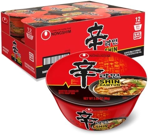 Nongshim Shin Ramyun Bowl Noodles, Spicy Korean Signature Instant Ramyun, Rich Beef Flavored Broth, Quick and Easy, Microwaveable Bowl, 3.03 oz (Pack of 12)