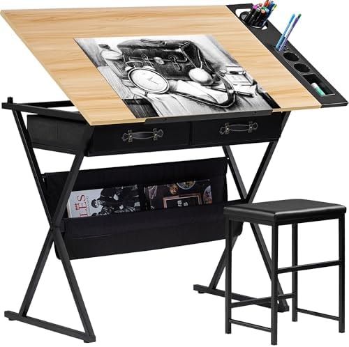 VECELO Drafting Table Art Desk Art Table Adjustable Drawing Table Tilted Tabletop with 2 Storage Drawers and Stool, Drawing Desk for Artist Painters Drawing, Crafting, Reading, Writing, Natural
