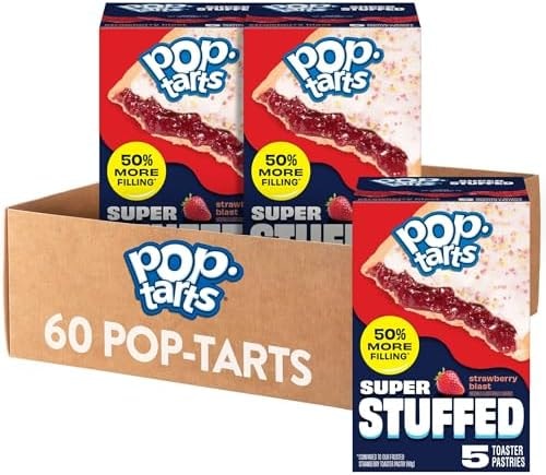 Pop-Tarts Super Stuffed Strawberry Blast Toaster Pastries, 50% More Filling, Snacks, Dessert (12 Boxes, 60 Pop-Tarts)