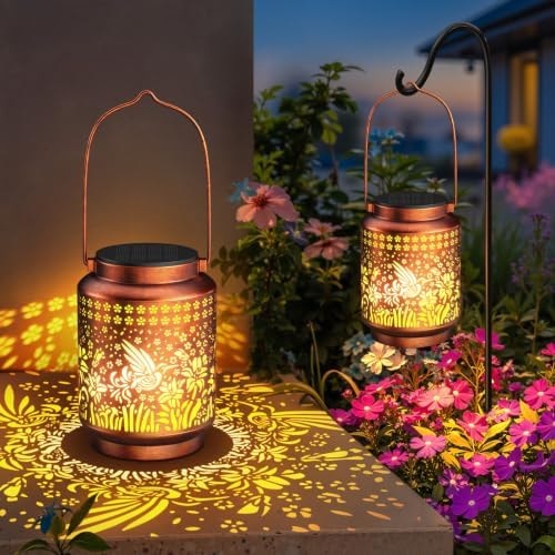 KOOPER Solar Lanterns Outdoor Waterproof Birthday Gifts for Women Mon Grandma, 2 Pack Brighter Hummingbird Hanging Solar Lantern Lights Outdoor, 2 Modes Metal Outdoor Decoration for Yard, Patio
