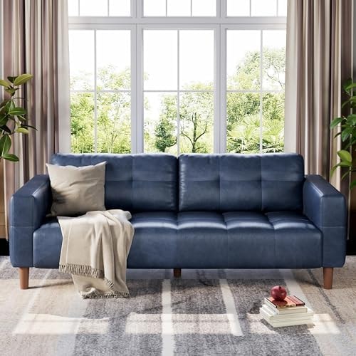 IDEALHOUSE 83” Blue Faux Leather Couch, 3 Seater Sofa Couches with 2 Removable Back Cushions for Living Room, Large Mid Century Modern Office Apartment Couch (Blue)