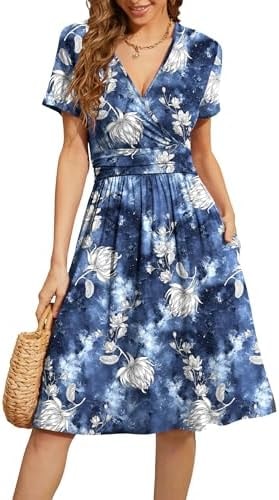 WEACZZY Summer Dresses for Women 2026 Vacation Sundress Floral Fit and Flare Spring Dress,Waterlily Blue,M