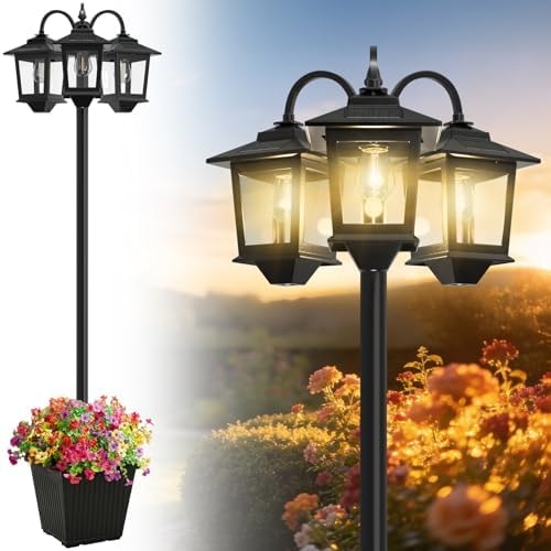 Joyoowild 3-Head Solar Lamp Post with Planter, 74" Solar Lamp Post Light