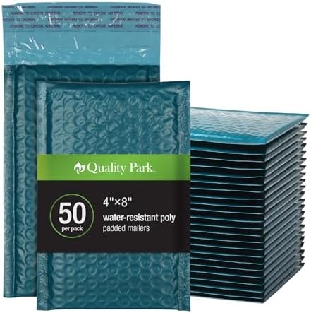 Quality Park Bubble Mailers, 4 x 8 Shipping Envelopes, Self-Seal, Small Blue Padded Envelopes, Redi-Strip Peel Off Closure, 50 Per Box (QUA85909)