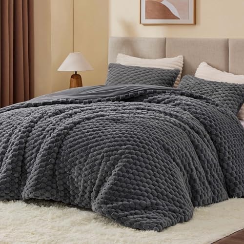 BEDELITE Fluffy Queen Comforter Set, Dark Grey Fleece Bed Set 3 Pieces