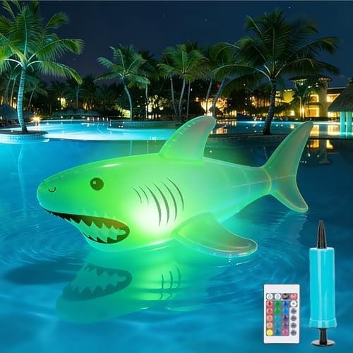 40inch Solar Pool Floats Lights,IP68 Waterproof Solar Powered Shark Floating Pool Lights,16Colors RGB Inflatable Light Up Pool Float for Above Ground Pools, Outdoor Swimming Pool Decorations(1Pack)