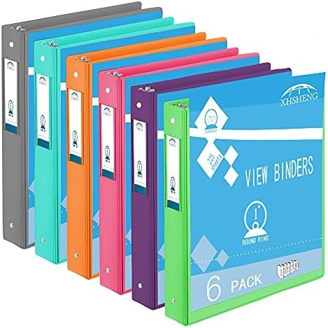 3 Ring Binders,1” Round Ring, Holds 8.5 * 11inch Papers, with 2 Pockets,6 Colors Binder Assorted Pack
