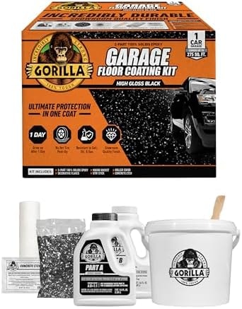Gorilla Epoxy Garage Floor Coating (7 pc) Kit, 1-Car, Concrete Flooring, 100% Solids, Superior Adhesion, Incredibly Durable High Gloss Black Finish, 275 sq. ft. Coverage