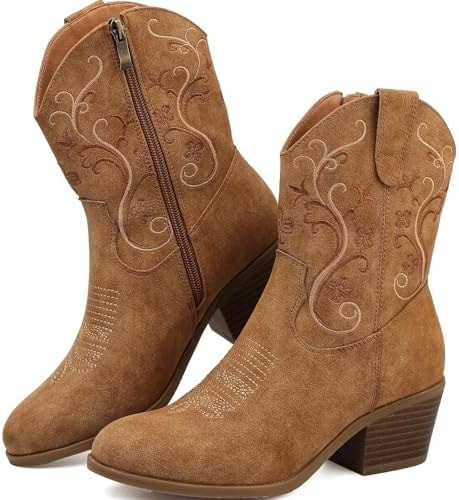 Cowboy Boots for Women Cowgirl Boots Women Short Side Zip Embroidered Tan