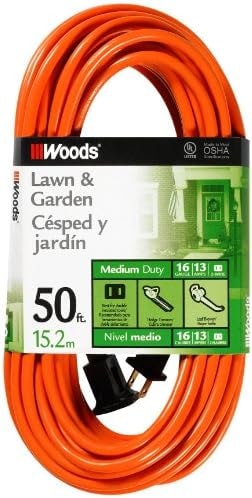 Southwire Woods 50ft Outdoor Extension Cord – Bright Orange, 16/2 Two-Prong – Durable SJTW Jacket for Landscaping & Light-Duty Power – Molded Plug