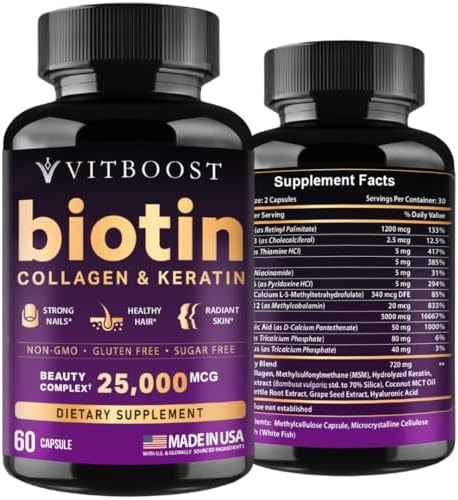 VITBOOST Biotin with Hyaluronic Acid, Collagen and Keratin - 60Ct, 25000mcg