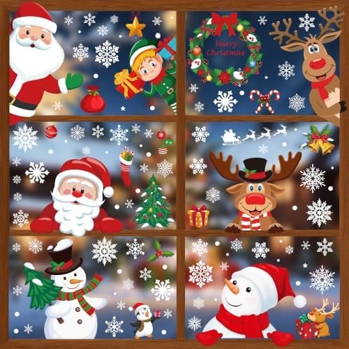 186PCS Christmas Decor, Christmas Window Clings, 9 Sheets Snowflake Window Stickers Decals with Santa Claus Snowman Reindeer, PVC Xmas Decorations Clings for Holiday Party Decorations Accessories