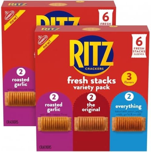 RITZ Fresh Stacks Original, Everything, and Garlic Butter Crackers Variety Pack, Travel Snacks, 8.85 oz (6 Multi Snack Packs) (Pack of 2)