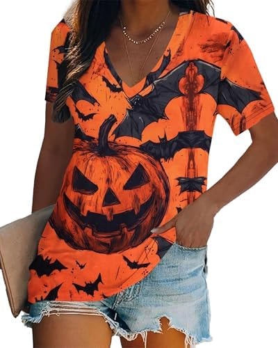 Halloween Shirts for Women Pumpkin Face Tee Casual V-Neck Loose Tops