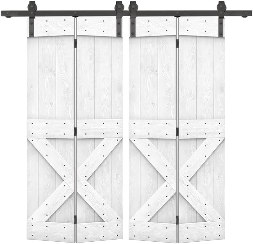 52 in. x 84 in. Mini X Series White Stained DIY Wood Double Bi-Fold Barn Doors with Sliding Hardware Kit