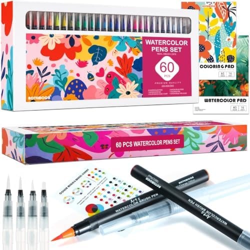 60 PCS Watercolor Pens Set with 52 Vivid Colors, Real Brush Tip Markers