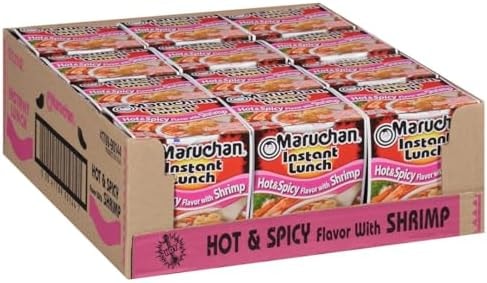 Maruchan Instant Lunch Ramen Noodles, Hot & Spicy Shrimp Flavor – Japanese-Style Instant Noodle Soup, Easy Meal Ready in 3 Minutes – 2.25 Oz. (12 Pack)