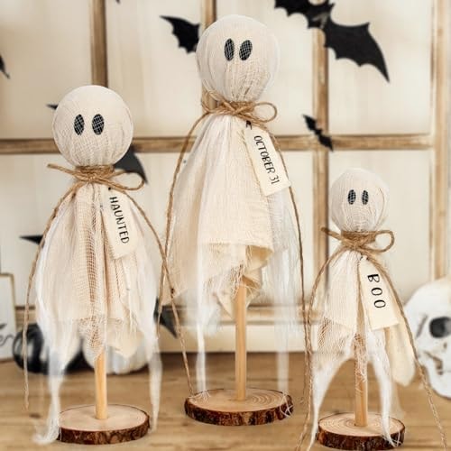 DAZONGE Halloween Decor, 3 Set Primitive Halloween Ghosts on Wooden Stand