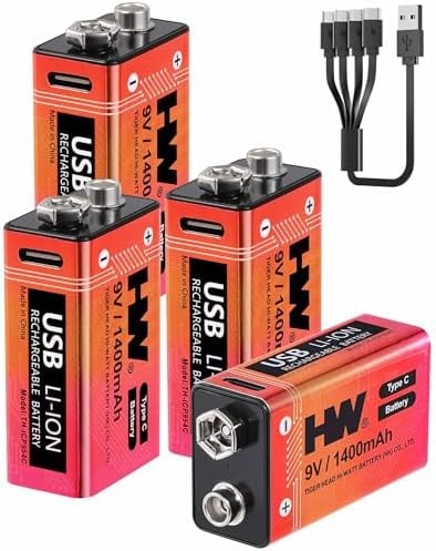 HW 9V Batteries 1400mAh 4 Pack, USB-C Lithium for Smoke Detectors