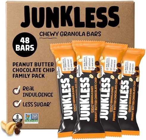 JUNKLESS Peanut Butter Chocolate Chip Chewy Granola Bars Bulk, 48 Count