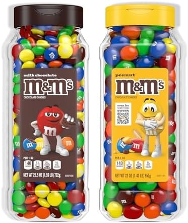 M&M's Milk Chocolate and Peanut Bulk Candy Jars, Assorted Chocolate Candies, Party Size, Movie Night Snacks, Resealable and Recyclable, 48.5 Ounces Total (Pack of 2)