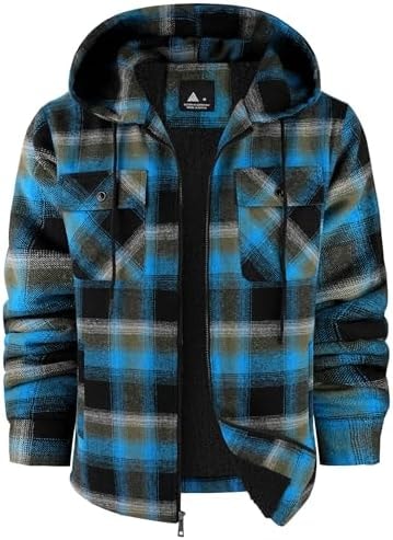 SCODI Mens Flannel Hooded Jacket Fleece Sherpa Lined Zip Up Plaid Hoodies