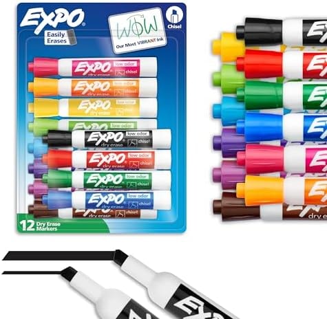 EXPO Dry Erase Markers, Low Odor Ink, Assorted Colors, Chisel Tip, 12 Count