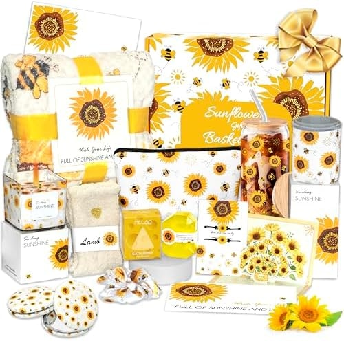 Sunflower Gift Baskets for Women,Sending Sunshine Unique Birthday Cheer Up Box Self Care Package,Get Well Soon Spa Gifts Set Box w/Blanket - Thinking of You Gift for Her,Girls,Women,Sister,Mom