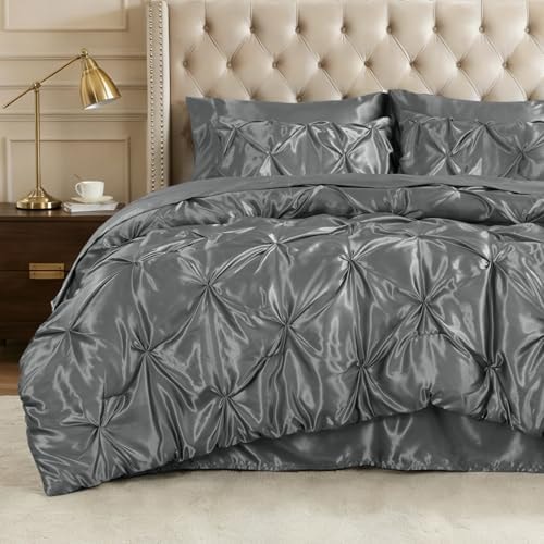 BEDELITE Satin Comforter Set Queen, 7 PCS Pintuck Bed in A Bag, Dark Grey