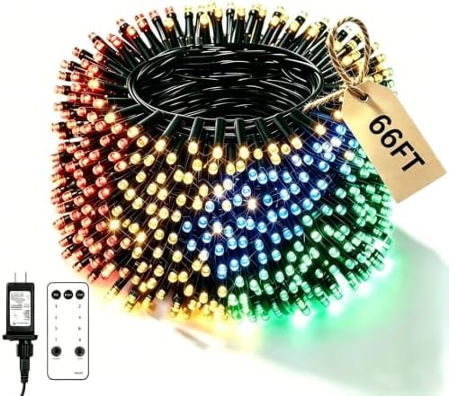 Ecoeve Christmas String Lights, 66FT 200 LED Red Green Blue Yellow Multicolor Twinkle Fairy Lights, 8 Modes Remote Timer, Indoor Outdoor Hanging Lights for Yard, Halloween Tree, Spooky Party Decor