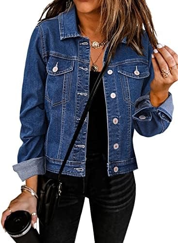GRAPENT Women's Casual Basic Button Down Long Sleeve Stretchy Jean Trucker Denim Jacket with Pockets Blue Color Size Large US 12-14