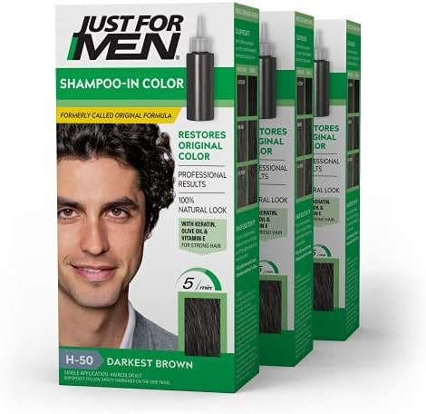 Just For Men Shampoo-In Color (Formerly Original Formula), Mens Hair Color with Keratin and Vitamin E for Stronger Hair - Darkest Brown, H-50, Pack of 3 (Packaging May Vary)