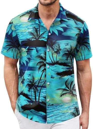Hawaiian Shirt for Men Short Sleeves Tropical Printed Casual Button Down Summer Beach Floral Shirts Green