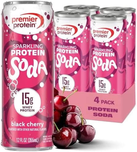 Premier Protein Sparkling Protein Soda, Black Cherry, 15g Whey, 4 Pack